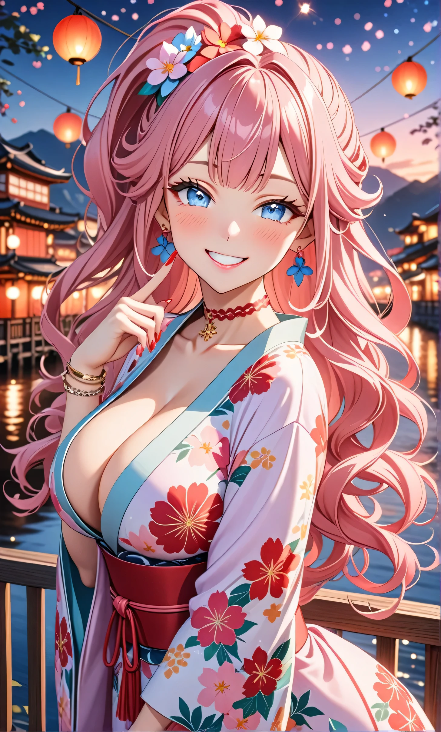 ultra-detailed, ((one girl)), in pastel colors girl,  hyper detailed, absurdres, 8K, Beautiful Face, (Laugh shyly), ((teasing smile:1.8)), ((Wink:1.8)), (Laugh with your mouth wide open),(Tilt your head:1.3), ((put index finger on mouth:1.6)), View your viewers, ((Bright red cheeks:1.6)),Glossy Red Lips, ((Big Breasts:1.5)), (valley),night, Riverside,On Bridge, firework, (Brighten your face), ((Anime style background)),masterpiece, Highest quality, so beautiful,Latest, Complex details, (Pink long nails), (nail art), (ring),(bracelet), (Floral Choker),AI-generated, Complex,High resolution, Highest quality, super high quality,3D Images、3D Images,One person,Pastel pink long hair,(High Ponytail), (wavy hair:1.3), Pastel anime woman posing for a photo, ((Fine grain、blue eyes、glowing eyes:1.4)), (Squint your eyes:1.1),a hyperRealistic , hyperRealistic , Realistic,Anime woman with long pastel pink hair, Smooth anime CG art, A girl in a gorgeous pastel-colored kimono, ((Pastel-colored furisode)),(Pink large floral pattern) ,Long flower hair ornament,Floral Earrings,Mature Body, tall,Abdominal muscles,Tight waist,((arched back:1.9)), (front view),
