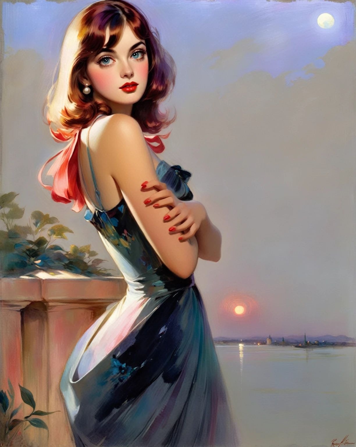 A sexy and elegant woman, on a terrace with a beautiful view, tmari, sketch, traditional media, pen drawing, white background (art inspired by Bill Sienkiewicz). oil painting)
