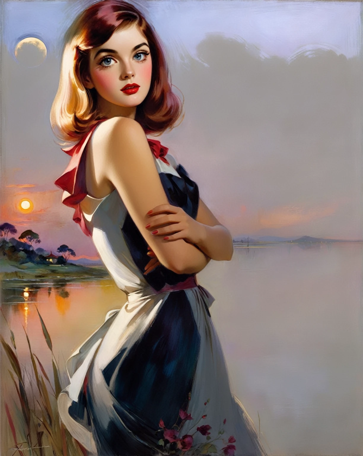 [(front portrait: young Martha Mansfield with big eyes and a short red bob)((Harrison Fisher style))):20]/[background:landscape
 Baroque (moonlight sunset), style Rafael Santi], very colorful,((oil painting)),((masterpiece)),single shot