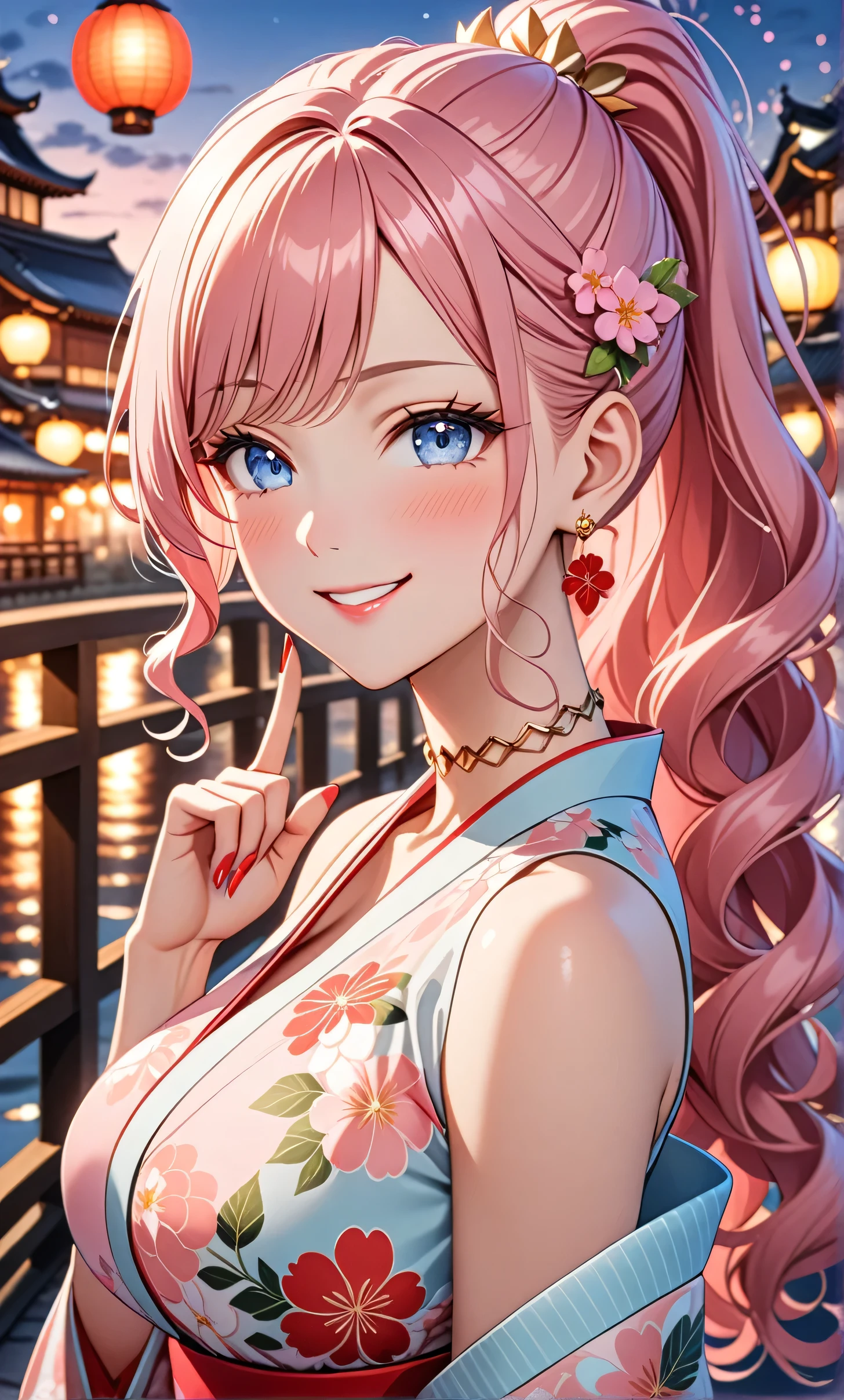 ultra-detailed, ((one girl)), in pastel colors girl, hyper detailed, absurdres, 8K, Beautiful Face, (Laugh shyly), ((teasing smile:1.8)), ((Wink:1.8)), (Laugh with your mouth wide open),(Tilt your head:1.3), View your viewers, ((Bright red cheeks:1.6)),Glossy Red Lips, ((Big Breasts:1.5)), (valley),night, Riverside,On Bridge, firework, (Brighten your face), ((Anime style background)),masterpiece, Highest quality, so beautiful,Latest, Complex details, (Pink long nails), (nail art), (ring),(bracelet), (Floral Choker),AI-generated, Complex,High resolution, Highest quality, super high quality,3D Images、3D Images,One person,Pastel pink long hair,(High Ponytail), (wavy hair:1.3), Pastel anime woman posing for a photo, ((Fine grain、blue eyes、glowing eyes:1.4)), (Squint your eyes:1.1),a hyperRealistic , hyperRealistic , Realistic,Anime woman with long pastel pink hair, Smooth anime CG art, A girl in a gorgeous pastel-colored kimono, ((Pastel-colored furisode)),(Pink large floral pattern) ,Long flower hair ornament,Floral Earrings,Mature Body, tall,Abdominal muscles,Tight waist,((arched back:1.9)), (front view),
