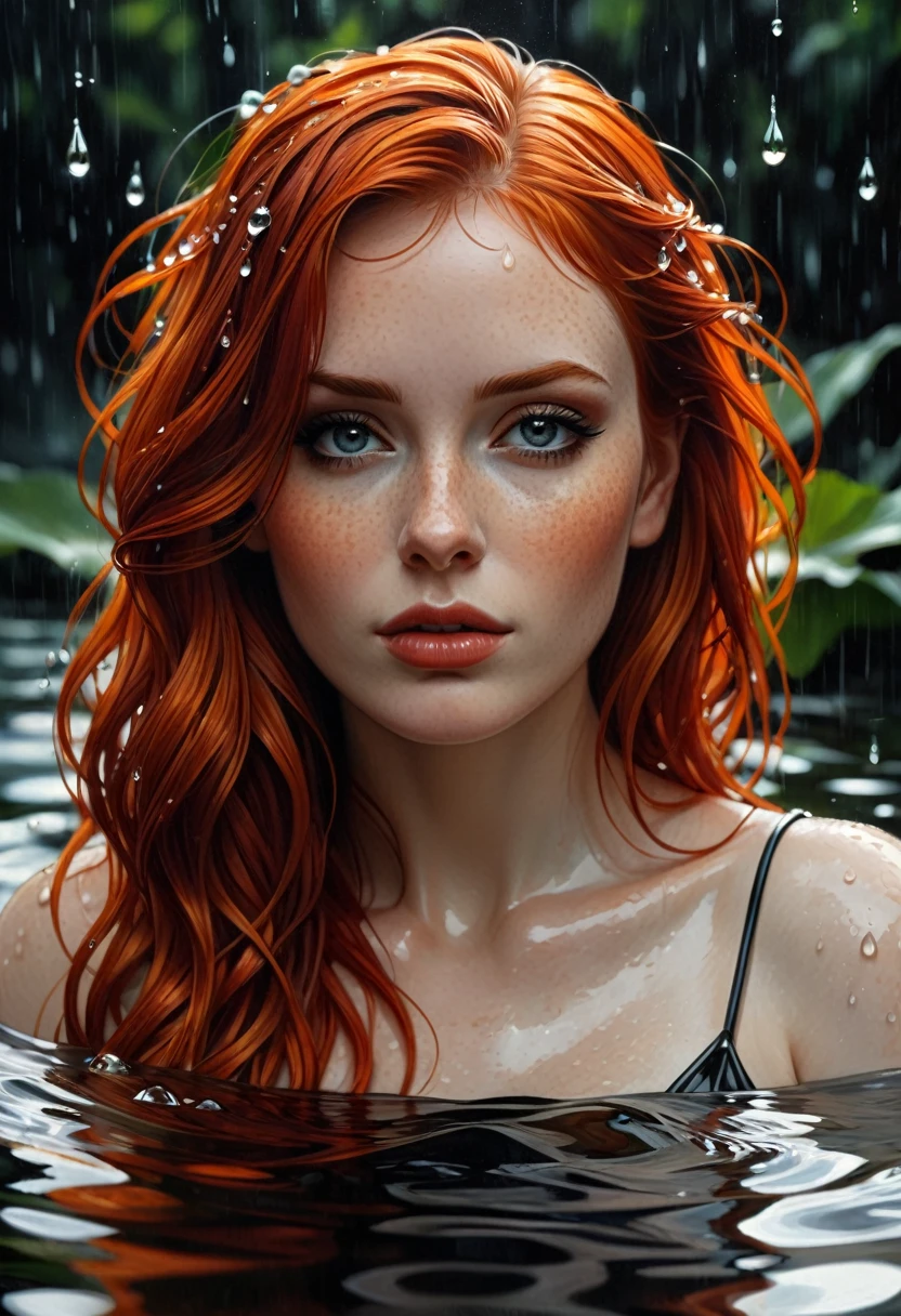 beautiful woman with red hair in the water droplet, in the style of realistic and hyper-detailed renderings, gothic references, i can't believe how beautiful this is, dark orange and light black, realistic figures, comic art, oil on panel --ar 65:128 --stylize 750 --v 5.2