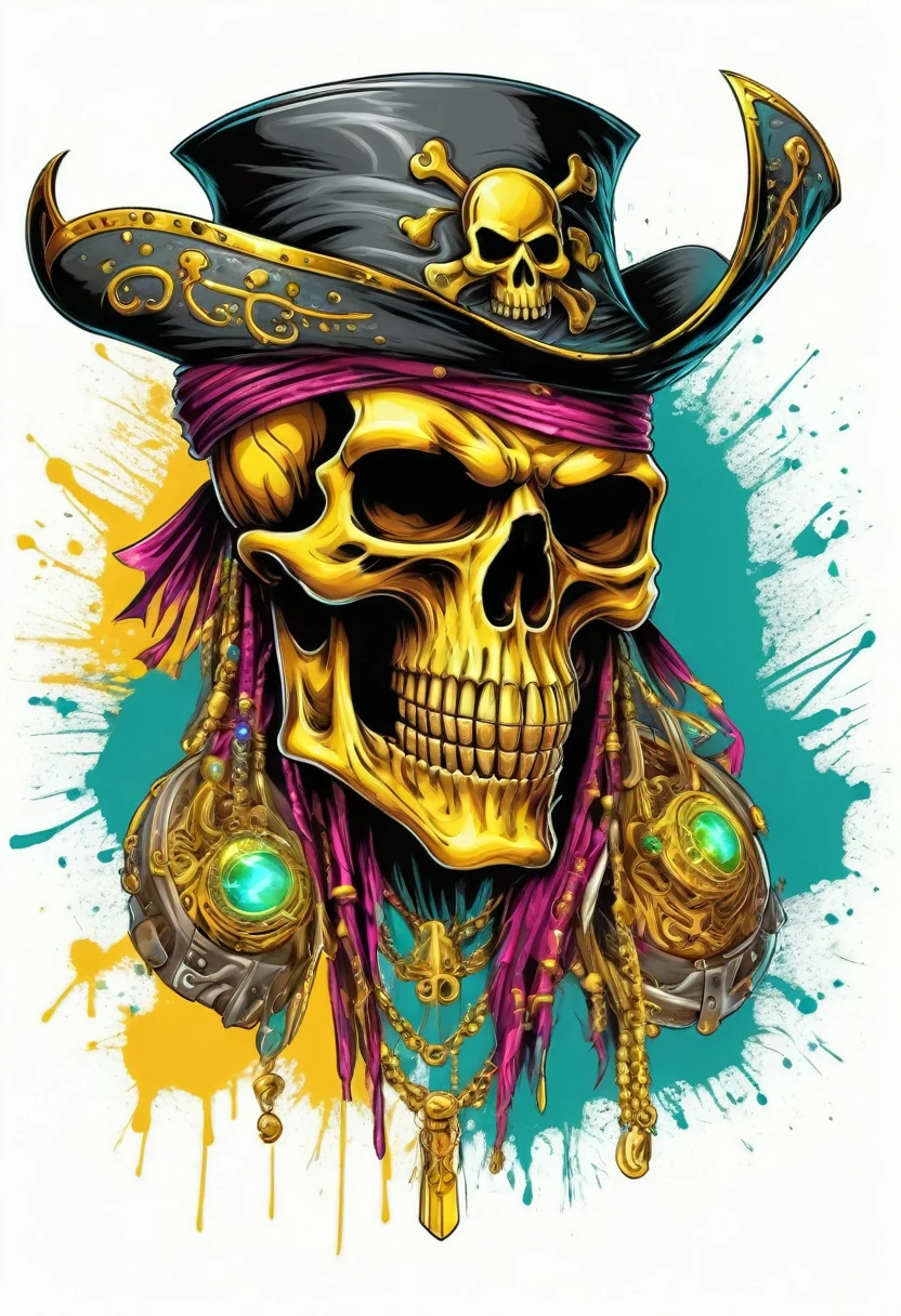 T-shirt art vector ready to print colorful graffiti illustration of masked yellow pirate skull and hat web decorated with jewels of precious rubies and emeralds and skeleton beard decorated with yellow diamonds, beautiful stone jewelry teeth, frontal perspective, action photo, vibrant color and welding, high détail, White background