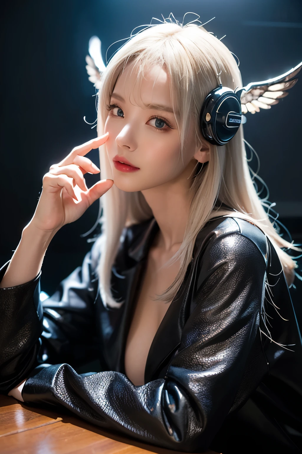 work of art, (Photorealistic:1.4), CRU photo, cyborg angel, large wings made of metal, Body in brown porcelain, White hair, shining skin, 1 cyborg girl, ((super realistic details)), global illumination, ombre, octane rendering, 8K, ultra-sharp, character border light, Colossal tits, Details of complex ornaments, Sumerian Detail Hydraulic Cylinder, Small LED Lamp, highly intricate detail, realistic light, a black eye, radiant eyes, facing the camera, neon details, cowboy shot, Futuristic helmet, cyber punk