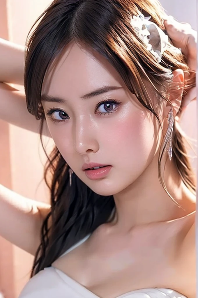 Highly detailed CG Unity 8k wallpaper, of the highest quality, super detailed, masutepiece, Realistic, photographrealistic, extremely detailed cute girl, 25 years old, Round eyes, viewer, blush, Parted lips, Upper body , (Armpit) , (get sweaty) , bath room,nude