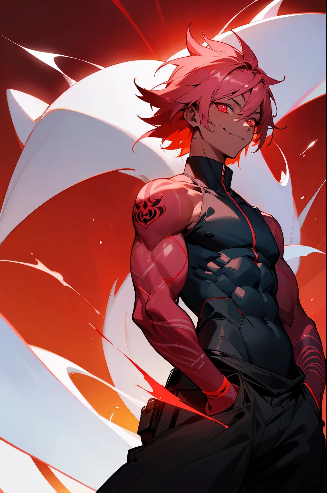 black skin, anime man, happy, glowing red eyes, glowing red tattoos, medium length glowing dark pink hair, wearing a black outfit, arms in pockets, muscular