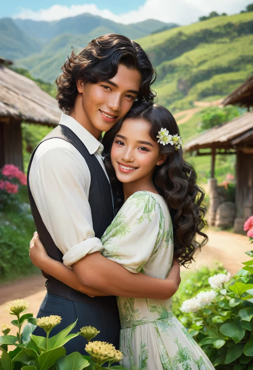 Sakimichan style. wlop style, paisaje,northeastern scenery, beautiful couple with well-defined faces, beautiful long curly hair, skin tanned, brazil, 1936, 40's, hugging a boy with green eyes, short black hair, beautiful smile on perfect lips, rustic setting with mandacarus and flowers from the northeast, Depth of field, high qualiy, high détail, Luminous Studio graphics engine