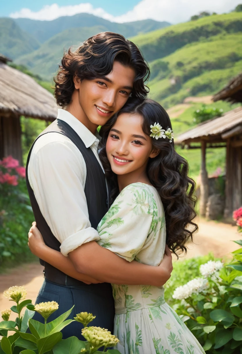 Sakimichan style. wlop style, paisaje,northeastern scenery, beautiful couple with well-defined faces, beautiful long curly hair, skin tanned, brazil, 1936, 40's, hugging a boy with green eyes, short black hair, beautiful smile on perfect lips, rustic setting with mandacarus and flowers from the northeast, Depth of field, high qualiy, high détail, Luminous Studio graphics engine