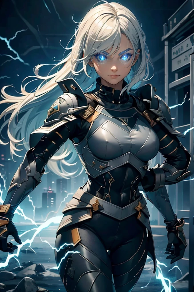 A physically strong woman in a sleek, modern military uniform stands confidently. Her uniform includes a tactical combat vest over a tight, high-tech athletic top that emphasizes her muscular build. Her toned arms and defined abs are visible, showcasing her strength and fitness. The uniform also features advanced technological enhancements, including integrated armor plates and military insignia, reflecting her high rank and expertise. Her eyes glow with a fierce electric blue, and arcs of electricity crackle around her hands and arms, illuminating her determined expression. Powerful currents of energy surge around her, creating a dynamic aura of electric power. Her hair flows wildly, charged with static energy. She wears tactical pants and sturdy combat boots, completing her battle-ready look. She stands in a dynamic pose, ready for action, against a dark, stormy background with flashes of lightning highlighting her silhouette. The scene exudes power and intensity, capturing the essence of her formidable electric abilities and her impressive physical strength.