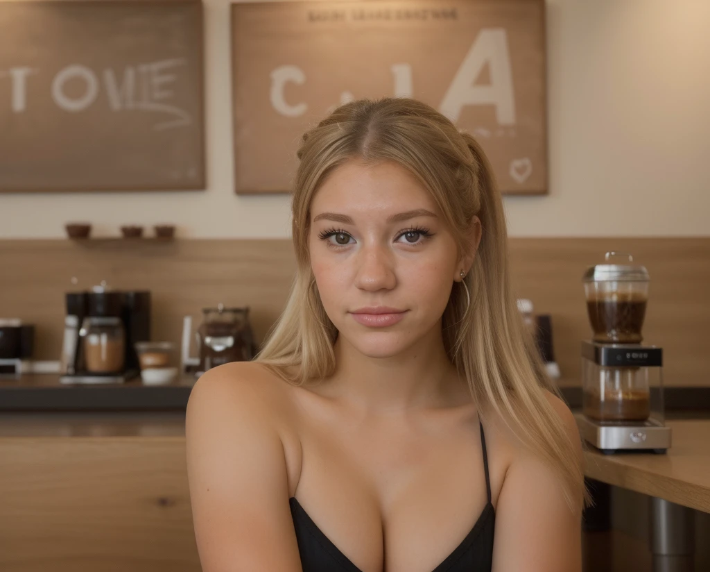 a portrait photo of a beautiful young woman in a coffee shop, looking at viewer, corps breckie_hill_new