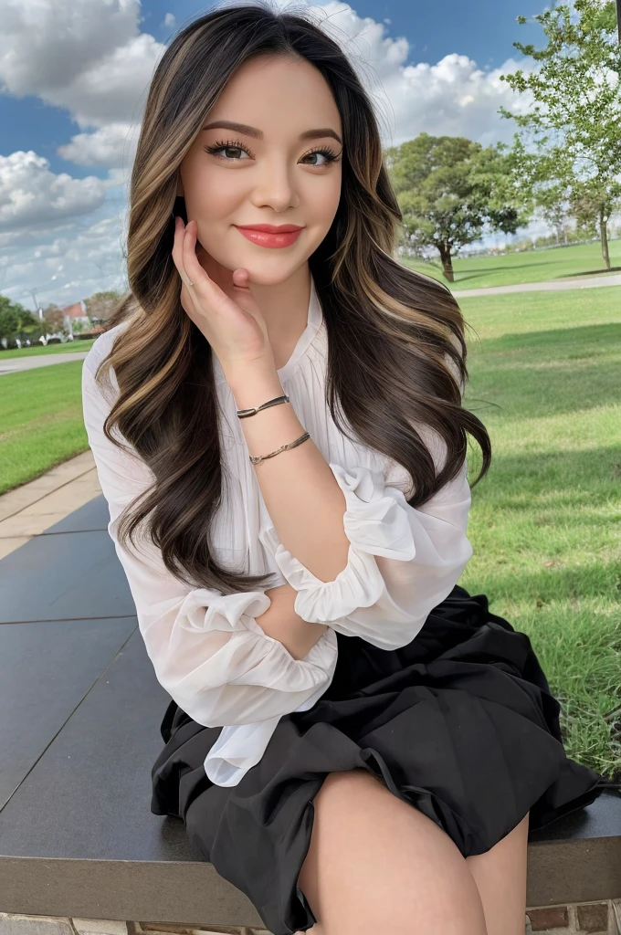 ((best qualtiy, 8K, tmasterpiece:1.3)), Cute Maiden，pure，Melon Seed Face，gentle and cute，A sweet smile，pure lust，Thin stature，(frontage)，(tilt your head)，staring directly at camera，uniform, Obi, Formal，Black Silky Long, Straight hair，long hair flowing over the shoulders，round black big eyes，clear big eyeoisturized red lips，Dolce，sit on the side of the road，with blue sky and white clouds，grass field，Buildings，（Chiffon skirt，Chiffon tops）Telephoto photography，Pear swirl smiled