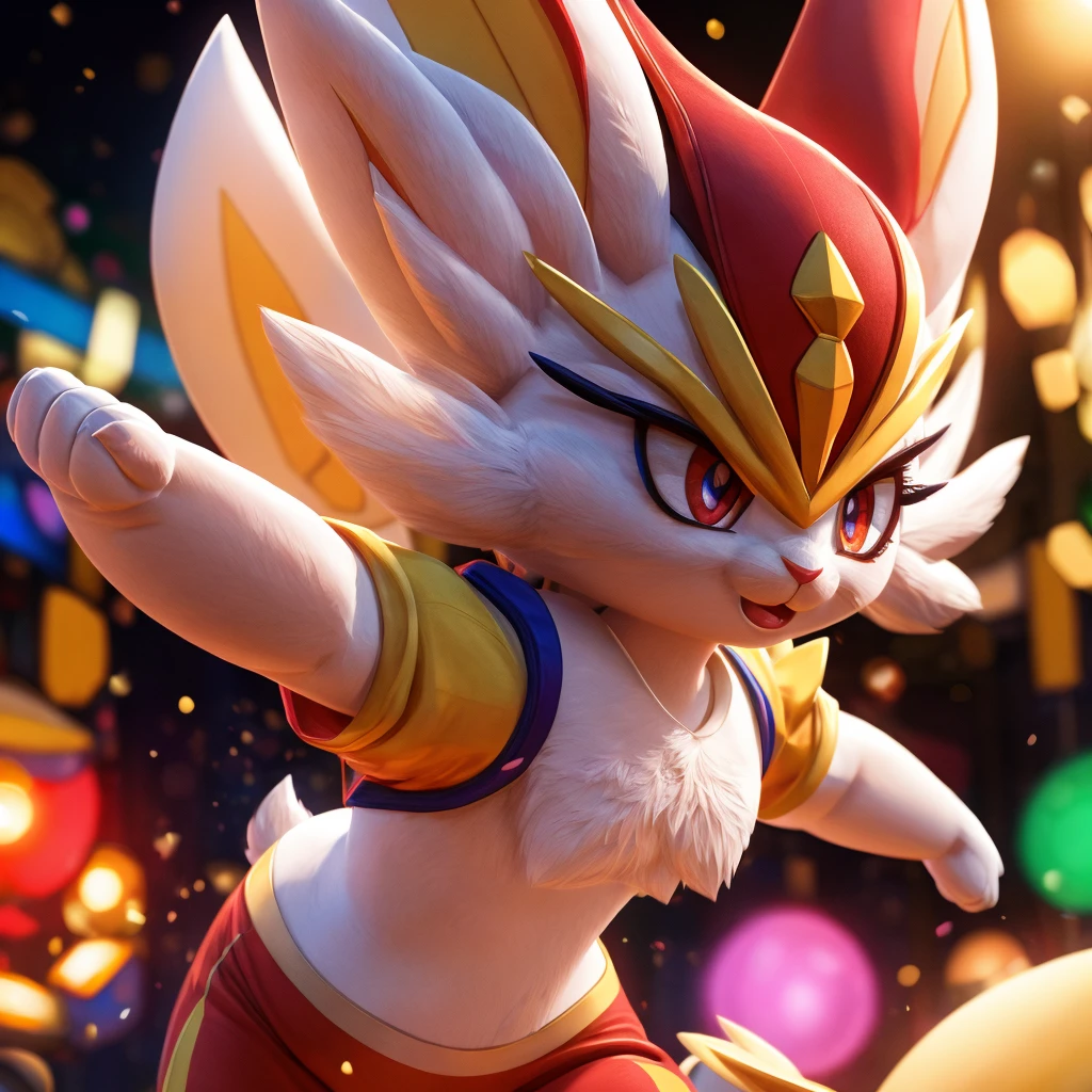 cinderace, rabbit, pokemon, 1girl, extremely detailed eyes and face, beautiful detailed lips, beautiful detailed eyes, long eyelashes, cute, adorable, anthro, dynamic pose, energetic, colorful, vibrant colors, 4k, 8k, highres, masterpiece, ultra-detailed, photorealistic, photo-realistic, vivid colors, studio lighting, professional, bokeh, live action