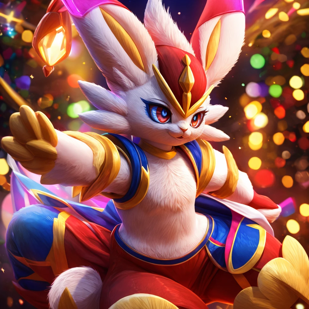 cinderace, rabbit, pokemon, 1girl, extremely detailed eyes and face, beautiful detailed lips, beautiful detailed eyes, long eyelashes, cute, adorable, anthro, dynamic pose, energetic, colorful, vibrant colors, 4k, 8k, highres, masterpiece, ultra-detailed, photorealistic, photo-realistic, vivid colors, studio lighting, professional, bokeh, live action