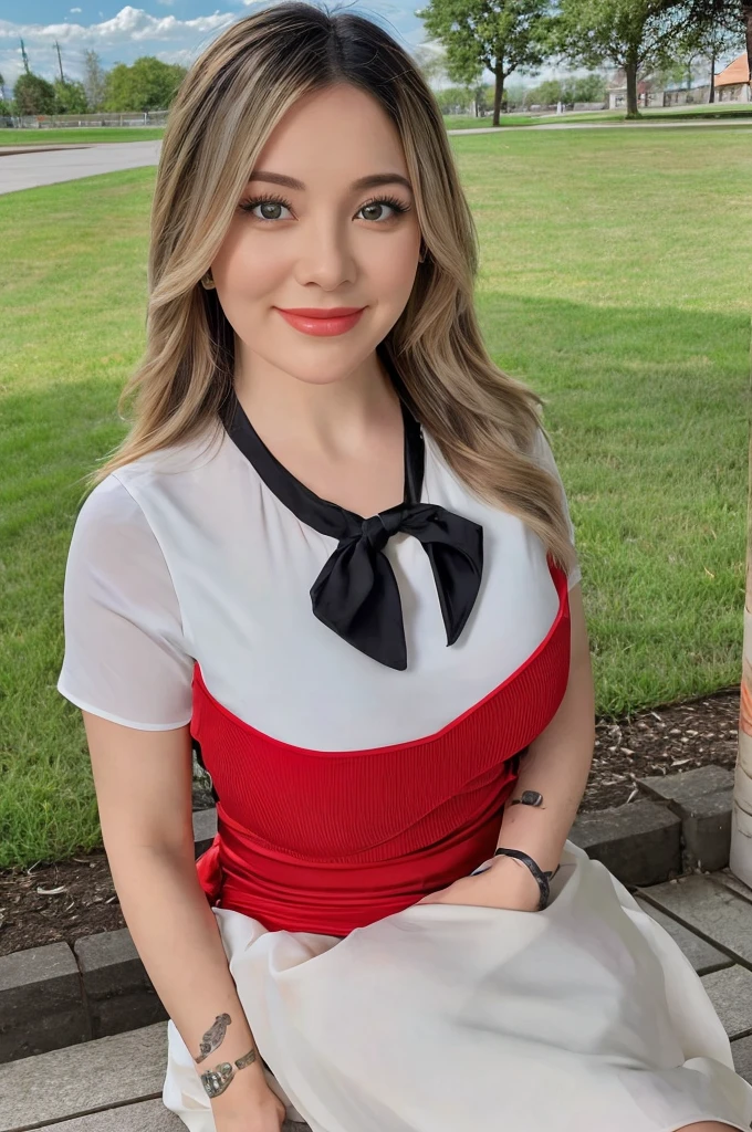 ((best qualtiy, 8K, tmasterpiece:1.3)), Cute Maiden，pure，Melon Seed Face，gentle and cute，A sweet smile，pure lust，Thin stature，(frontage)，(tilt your head)，staring directly at camera，uniform, Obi, Formal，Black Silky Long, Straight hair，long hair flowing over the shoulders，round black big eyes，clear big eyeoisturized red lips，Dolce，sit on the side of the road，with blue sky and white clouds，grass field，Buildings，（Chiffon skirt，Chiffon tops）Telephoto photography，Pear swirl smiled