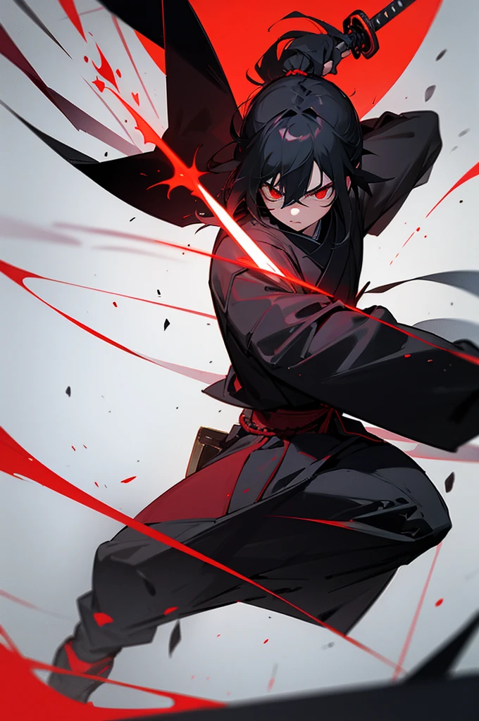Make a samurai with a black coat holding a sword charged with red energy with red rays coming from the sword