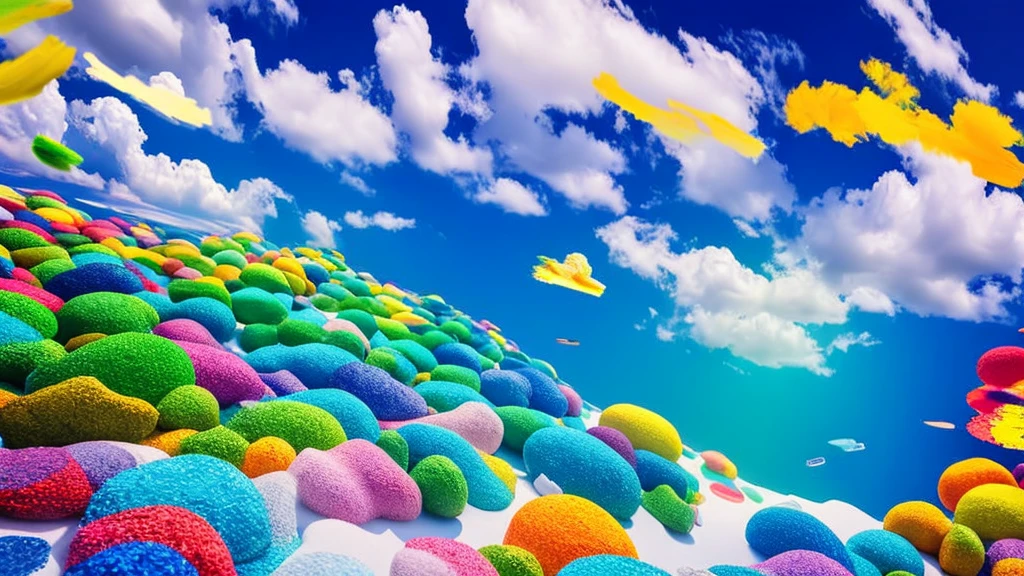 paints of various colors fly into the air and splash, forming small uninhabited painted islands, all the paints come out of a single point and expand exponentially. high image quality, with contours giving volume to the flying ink. Totally white background, no shadows