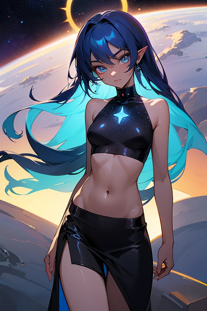 (Highly quality, masterpiece, detailed), Deep Space detailed scenario, Deep space detailed background, 20 years old girl, solo, singularity, dark blue skin, celestial skin, Colored Skin, glowing blue, glowing eyes, bare shoulders, long hair, Star on the girls body, black top, crop top, black skirt, glowing star on the navel, glowing navel, monster girl, Abdomen, Navel, beautiful eyes, perfect eyes, looking at the viewer, Sexy pose
