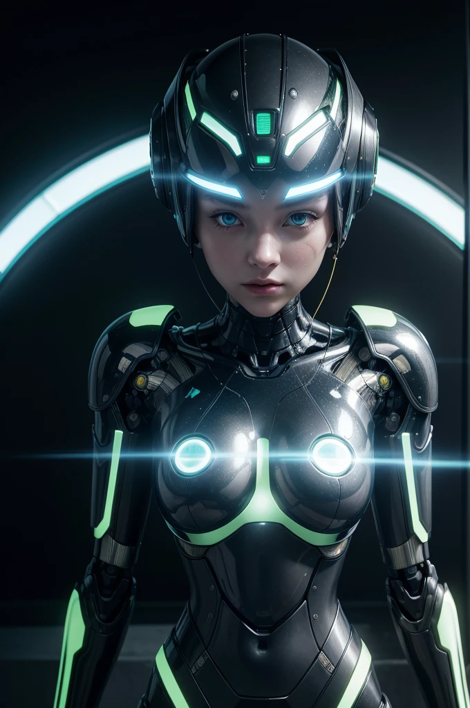 "Portrait of an advanced AI robot. A humanoid figure with a bald head and large, glowing eyes in a vivid yellow hue. Its body is covered in sleek metallic armor in predominant shades of green and black, with light circuit patterns that run throughout its structure.


The lighting should have a futuristic and technological look, with soft, bluish lights reflecting on metallic surfaces. Colors should be saturated and vibrant, creating a striking, cybernetic look.


Image quality must be photorealistic, with refined details throughout the robot's construction, from the smallest components to the overall imposing and immaculate appearance. The level of detail must be high, capturing every nuance of the structure and design of this advanced AI assistant.”