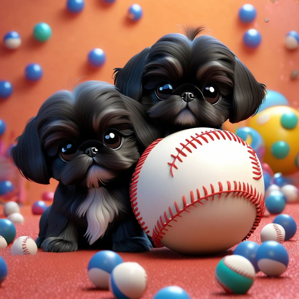 2 Adorable small black Shih Tzu puppies wearing bright sunglasses playing baseball Disney background 3d cartoon 3d render disney pixar style