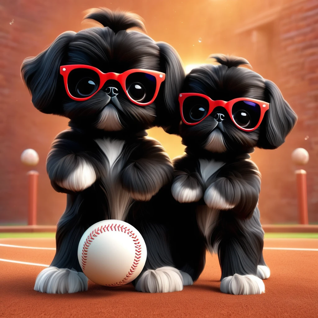 2 Adorable small black Shih Tzu puppies wearing bright sunglasses playing baseball Disney background 3d cartoon 3d render disney pixar style