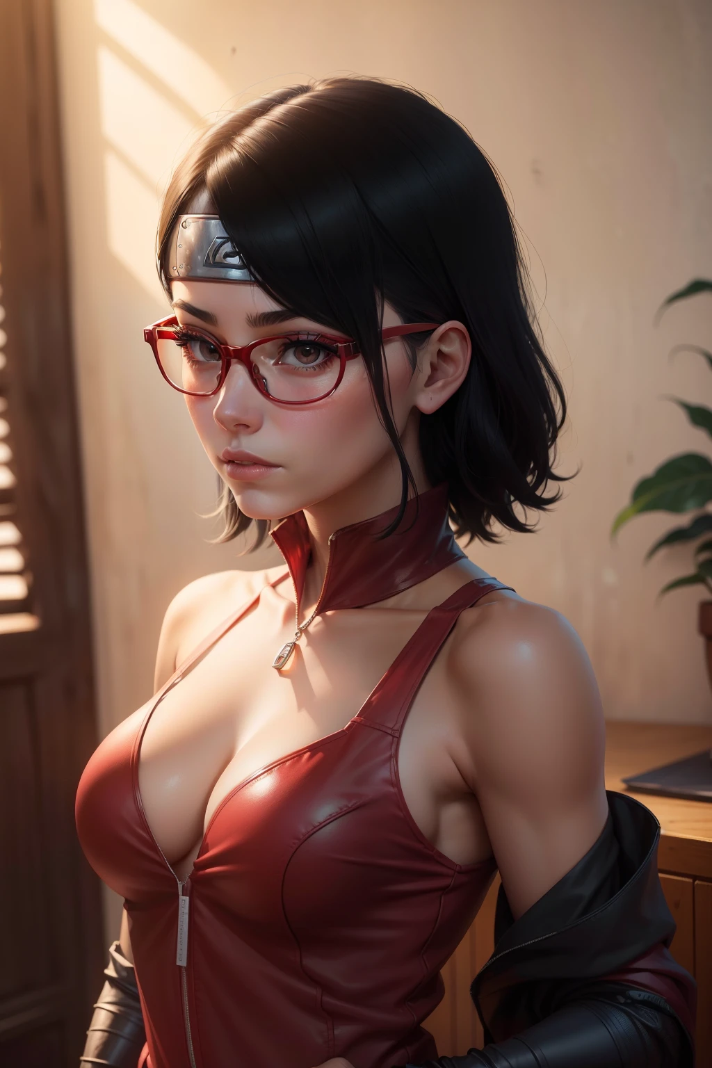 (highres,masterpiece:1.2),ultra-detailed,realistic,professional,beautiful detailed eyes,beautiful detailed lips,dark hair,short black hair,red glasses,Very big breasts,stunning black eyes,clear skin,18-year-old girl,fashionable short hairstyle,vibrant red glasses,Shinobi Academy,fierce determination,confident posture,crimson outfit,intense gaze,background filled with ninjutsu techniques,shadows cleverly accentuating her features,subtle studio lighting,sublime realism,striking color tones