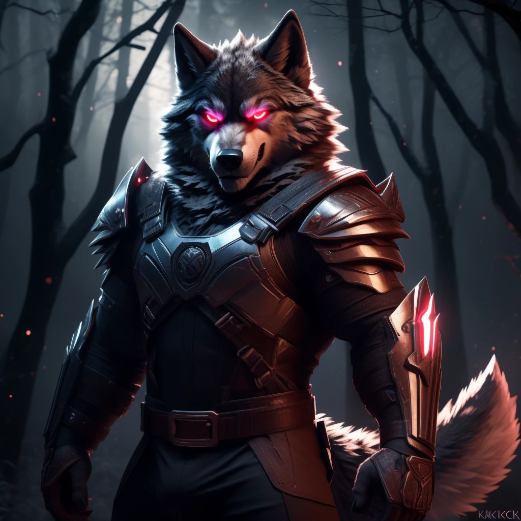 Posing, Male, 30 years old, biting lip smile, broken suit of gothic armour, bedroom eyes, anthro, wolf ears, (blakck fur:1.5), wolf, forest background at night, 8k, hi res, (best quality, masterpiece), red glowing eyes, (wolf tail:1.5), detailed fur, blood on fur,