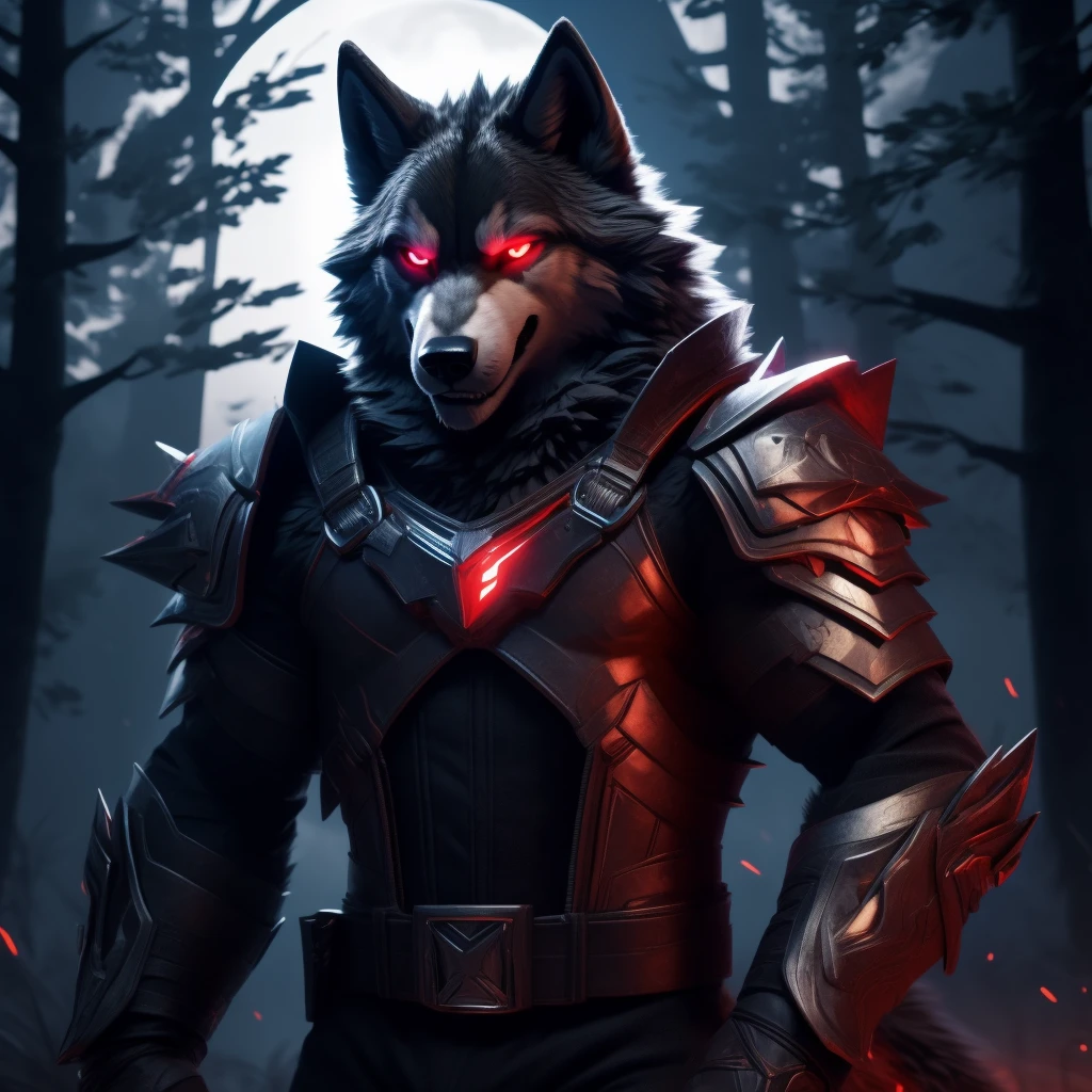 Posing, Male, 30 years old, biting lip smile, broken suit of gothic armour, bedroom eyes, anthro, wolf ears, (blakck fur:1.5), wolf, forest background at night, 8k, hi res, (best quality, masterpiece), red glowing eyes, (wolf tail:1.5), detailed fur, blood on fur,