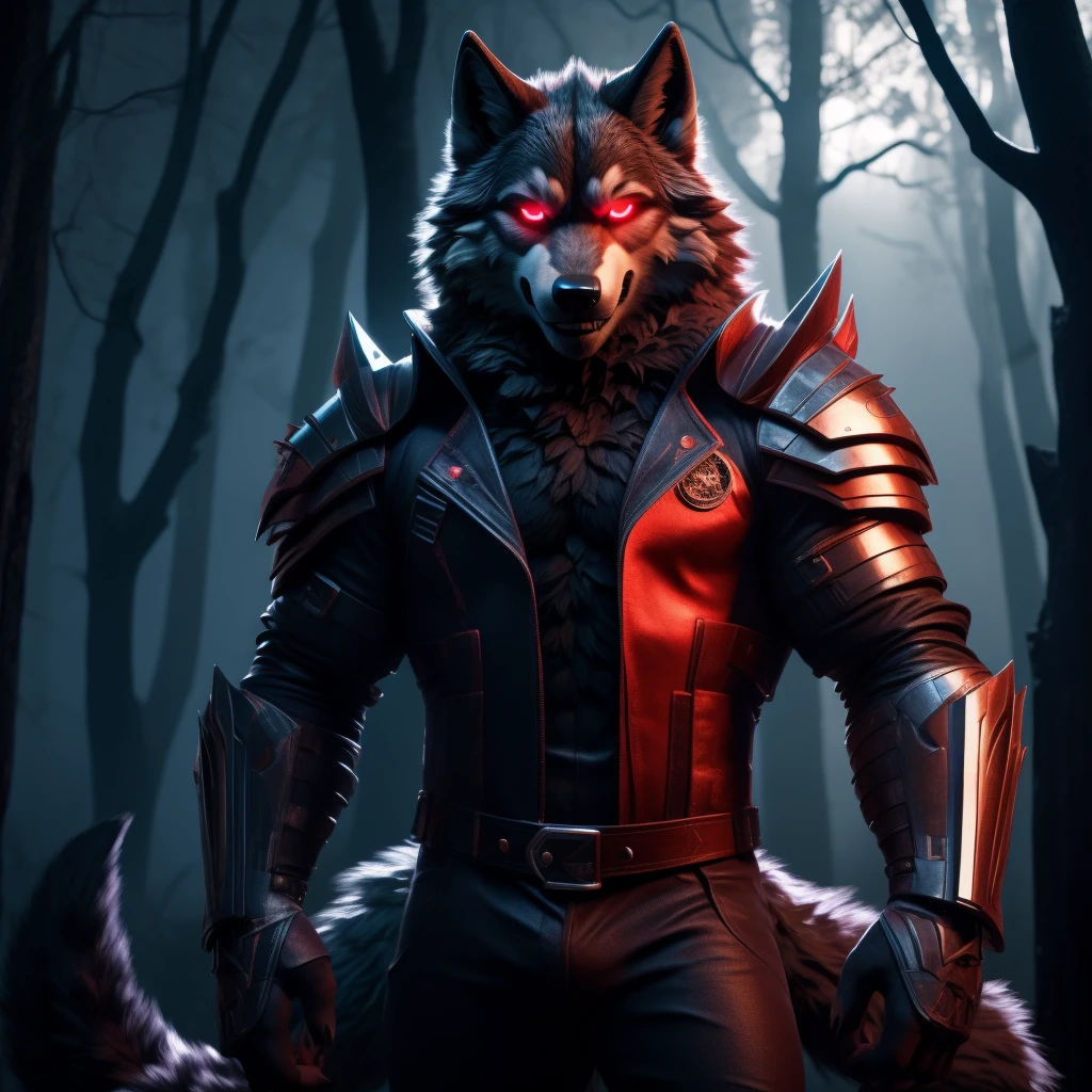 Posing, Male, 30 years old, biting lip smile, broken suit of gothic armour, bedroom eyes, anthro, wolf ears, (blakck fur:1.5), wolf, forest background at night, 8k, hi res, (best quality, masterpiece), red glowing eyes, (wolf tail:1.5), detailed fur, blood on fur,