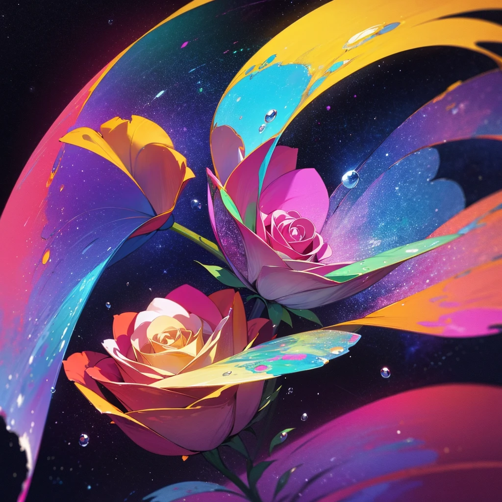 Colorful rose with water drops, background galaxy