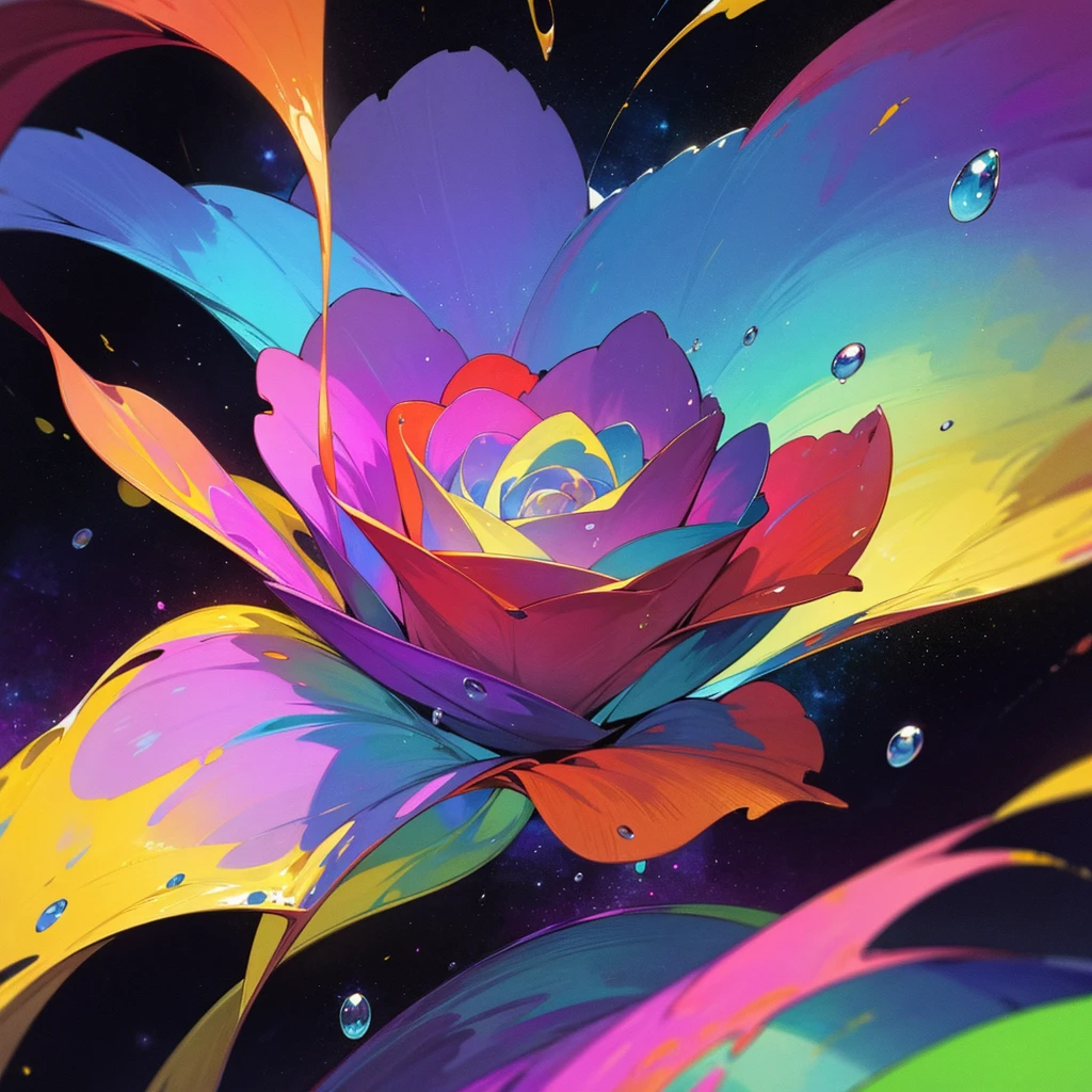 Colorful rose with water drops, background galaxy