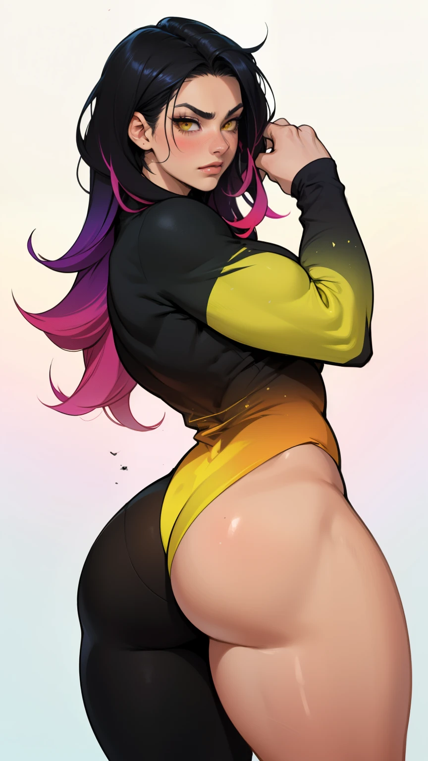 1girl solo black hair yellow eyes very long hair pale skin muscular muscular muscular muscular toned body huge muscles thick thighs girl tight clothes angry blushing messy hair tight shirt long sleeves thick thick thick thick (gradient hair gradient hair gradient hair gradient hair gradient hair gradient hair) (gradient hair gradient hair gradient hair gradient hair gradient hair gradient hair)