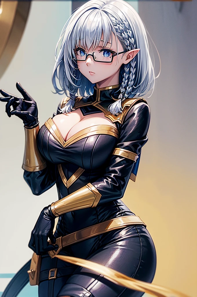 beta
cape, bodysuit, gloves, black leggings
white shirt, frills, pencil skirt, cleavage
glasses