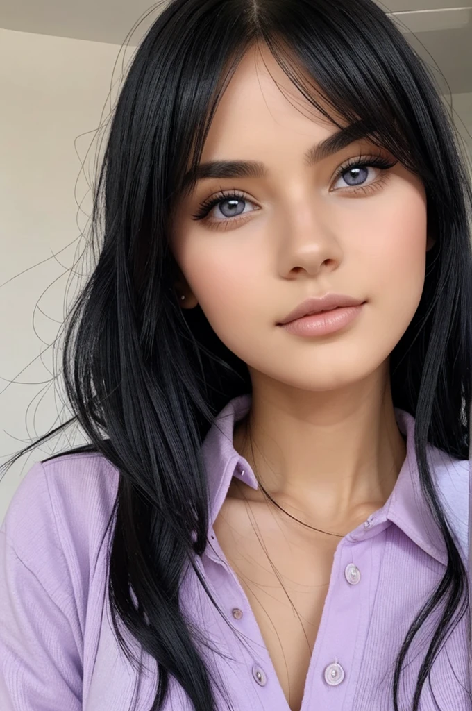 Beautiful girl with black hair and lilac eyes