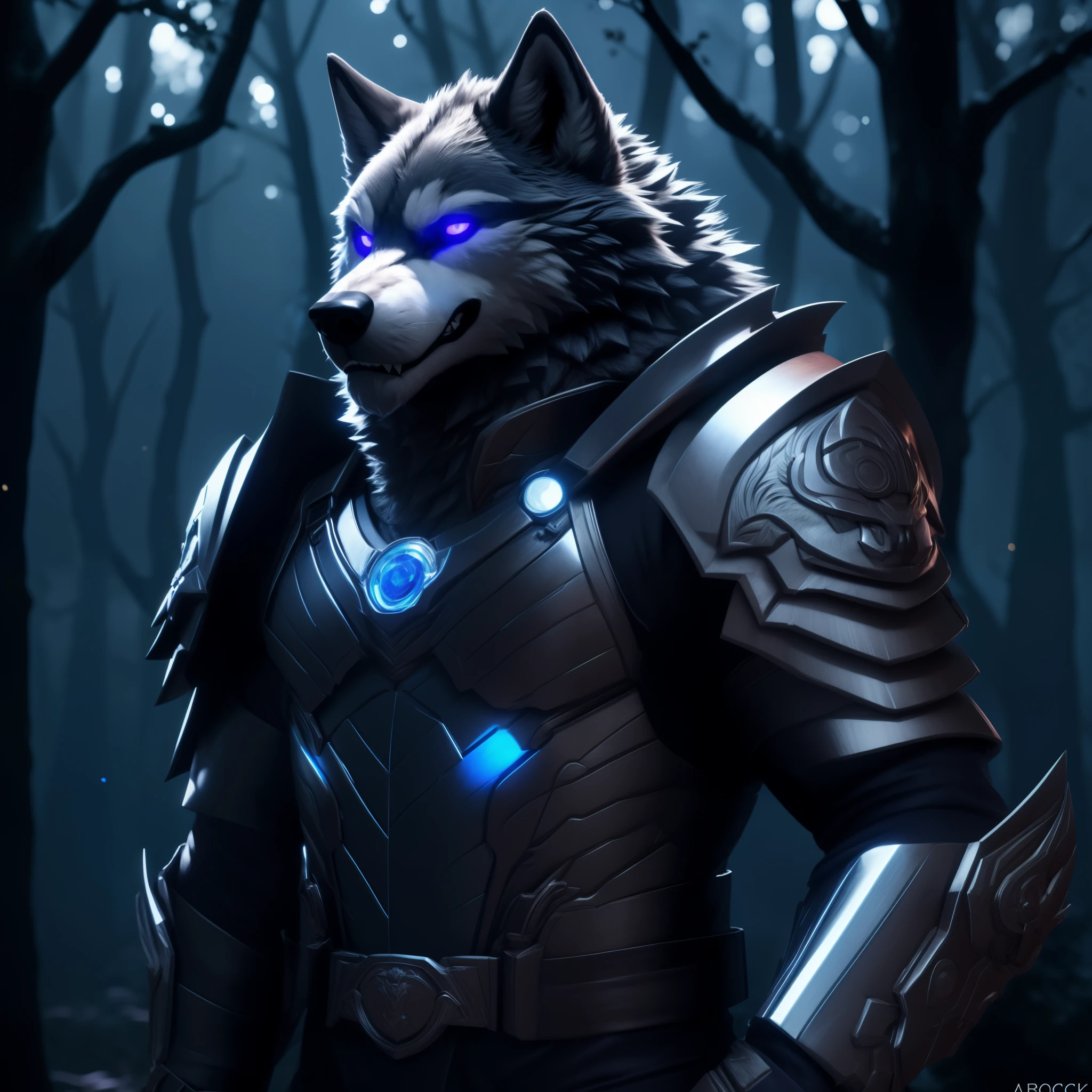 Posing, Male, 30 years old, biting lip smile, suit of gothic armour, bedroom eyes, anthro, wolf ears, (blakck fur:1.5), wolf, forest background at night, 8k, hi res, (best quality, masterpiece), blue glowing eyes, (wolf tail:1.5), detailed fur