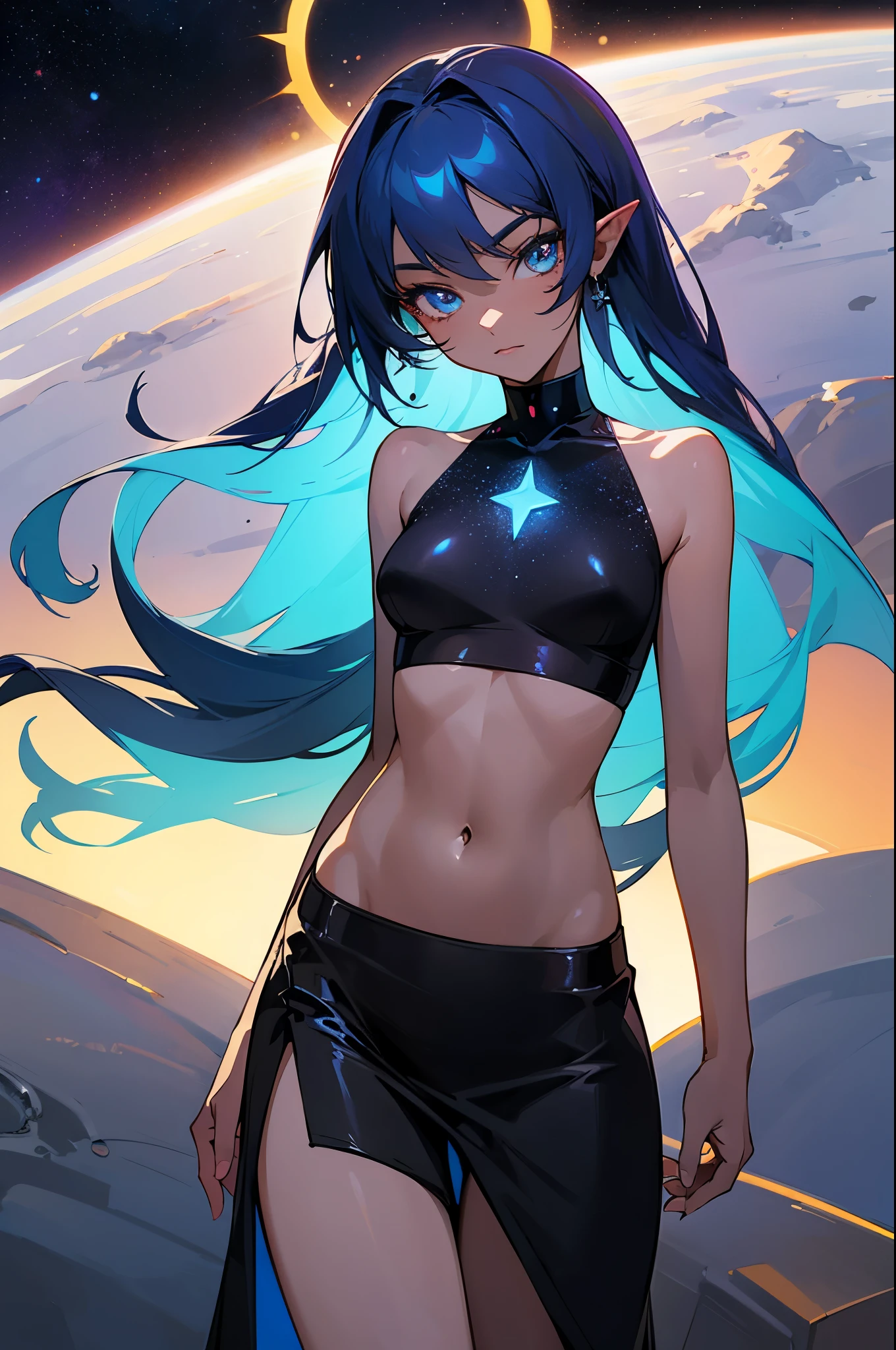 (Highly quality, masterpiece, detailed), Deep Space detailed scenario, Deep space detailed background, 20 years old girl, solo, smile, singularity, light blue skin, dark blue hair, celestial skin, Colored Skin, glowing, glowing eyes, long hair, Star on the girls body, black top, sleeves, crop top, cleavage, black skirt, belly ring, Abdomen, Navel, beautiful eyes, perfect eyes, looking at the viewer, Sexy pose