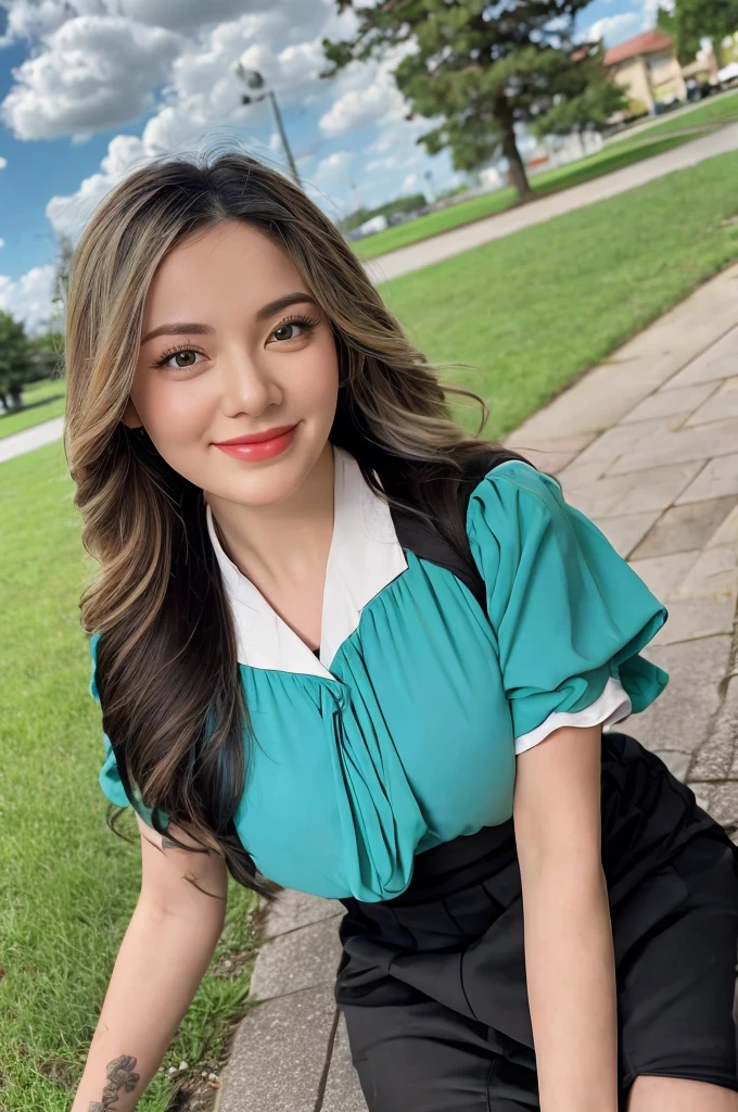 ((best qualtiy, 8K, tmasterpiece:1.3)), Cute Maiden,pure,Melon Seed Face,gentle and cute,A sweet smile,pure lust,Thin stature,(frontage),(tilt your head),staring directly at camera,uniform, Obi, Formal,Black Silky Long, Straight hair,long hair flowing over the shoulders,round black big eyes,clear big eyeoisturized red lips,Dolce,sit on the side of the road,with blue sky and white clouds,grass field,Buildings,(Chiffon skirt,Chiffon tops)Telephoto photography,Pear swirl smiled