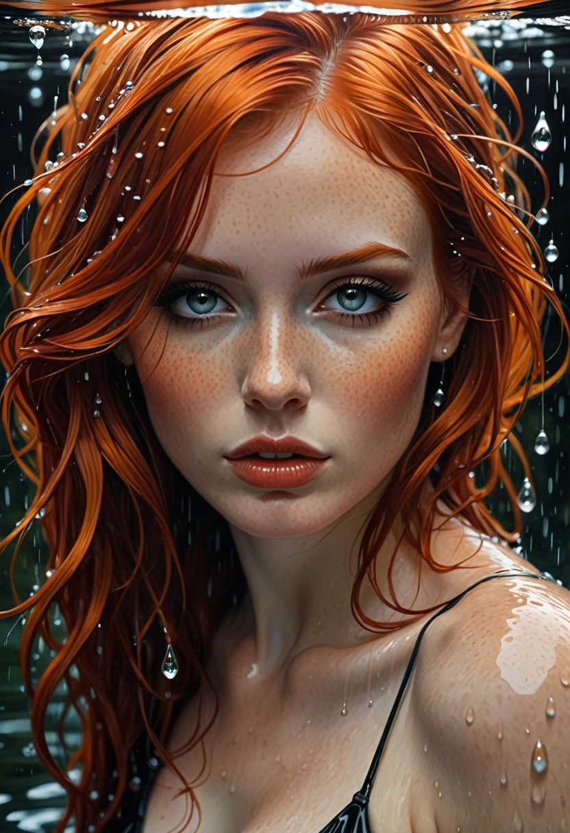 beautiful woman with red hair in the water droplet, in the style of realistic and hyper-detailed renderings, gothic references, i can't believe how beautiful this is, dark orange and light black, realistic figures, comic art, oil on panel --ar 65:128 --stylize 750 --v 5.2