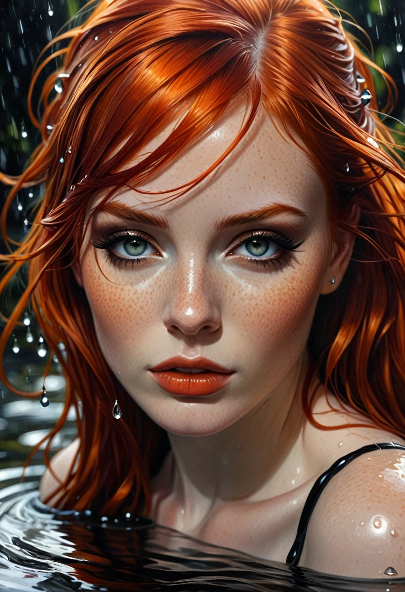 beautiful woman with red hair in the water droplet, in the style of realistic and hyper-detailed renderings, gothic references, i can't believe how beautiful this is, dark orange and light black, realistic figures, comic art, oil on panel --ar 65:128 --stylize 750 --v 5.2