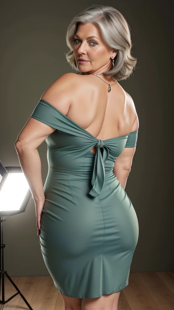 1 mature woman in, age60, Solo, medium casual hair, Bob hair, curvy body, Looking at Viewer, grey hair, Bare shoulders, Brown eyes, jewely, Full body, a necklace, off shoulders, (wearing elegant patterned green tie tube dresses), Distant photo, Realistic, A sexy one, beautiful colour, Perfect skin, 3 bust size, instagram (Realistic, A high resolution),photo size 3:4, 1 cute sexy mature woman, large expressive blue eyes, happy, (8K, raw photo, Best quality, High detail, curvaceous forms, curvy body, seductive pose, in the studio Foto with three ports lighting, with black wall background her back is turned to the photographer. 