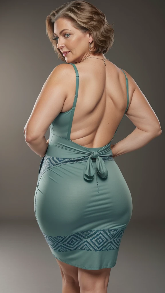 1 mature woman in, age60, Solo, medium casual hair, Bob hair, curvy body, Looking at Viewer, grey hair, Bare shoulders, Brown eyes, jewely, Full body, a necklace, off shoulders, (wearing elegant patterned green tie tube dresses), Distant photo, Realistic, A sexy one, beautiful colour, Perfect skin, 3 bust size, instagram (Realistic, A high resolution),photo size 3:4, 1 cute sexy mature woman, large expressive blue eyes, happy, (8K, raw photo, Best quality, High detail, curvaceous forms, curvy body, seductive pose, in the studio Foto with three ports lighting, with black wall background her back is turned to the photographer. 