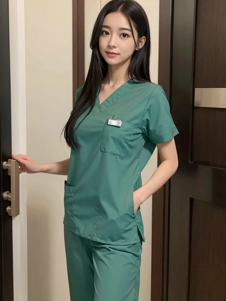 Beautiful girl in scrubs outfit Standing in front of the door, walking into the house.,Medium-sized breasts,long black hair,sexly,ScrubsGreen,realistically,realistic