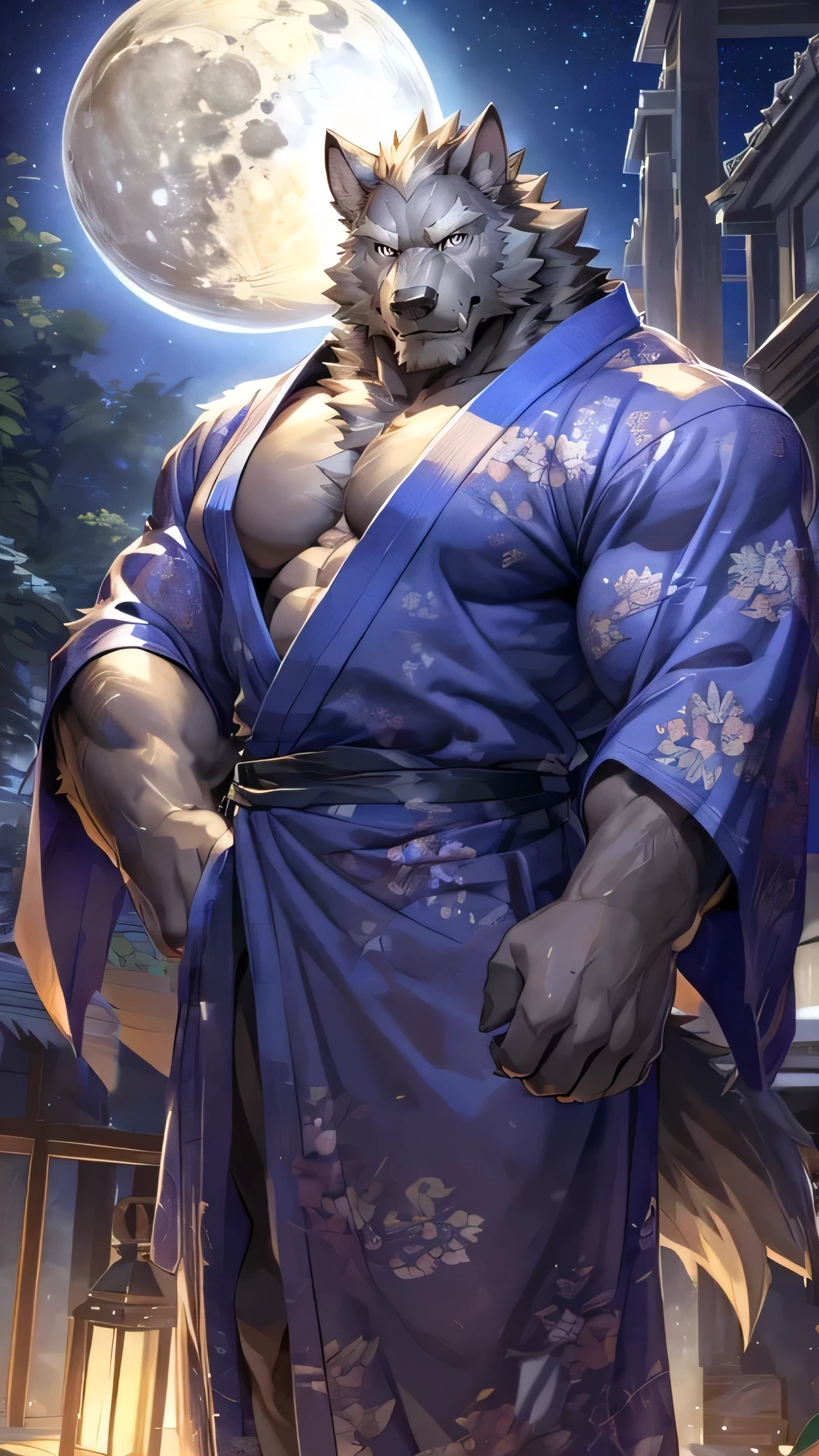 solo,masterpiece,high quality,(detailed eyes),furry male wolf,((blaidd)),huge muscular,huge body,looking at viewer,anime,looking viewer,showing muscle,((yukata)),night,moon,grow,(by null-ghost),by pino daeni