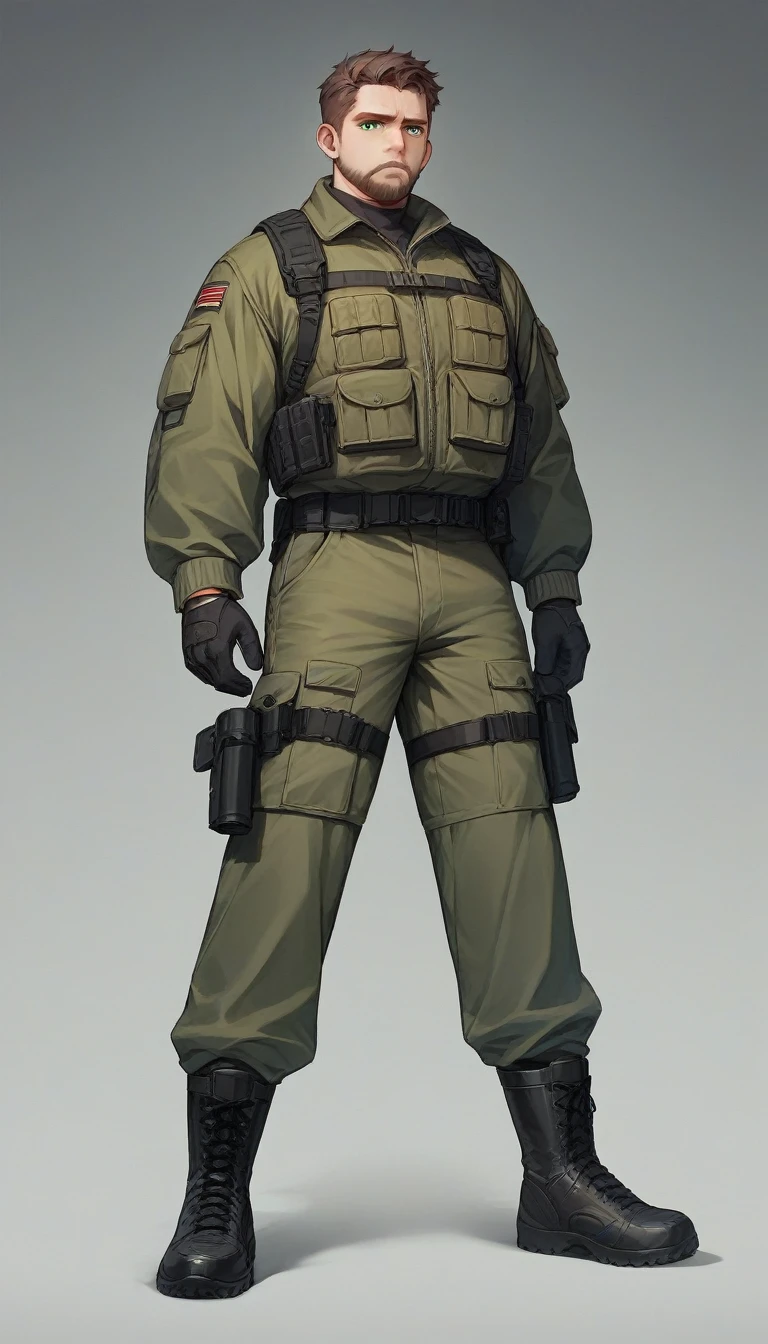 Illustration style, man in his thirties, short brown hair, light beard, green eyes glowing with determination, wearing a black tactical jacket, cargo pants, and combat boots, in a dark environment with soft light illuminating his face