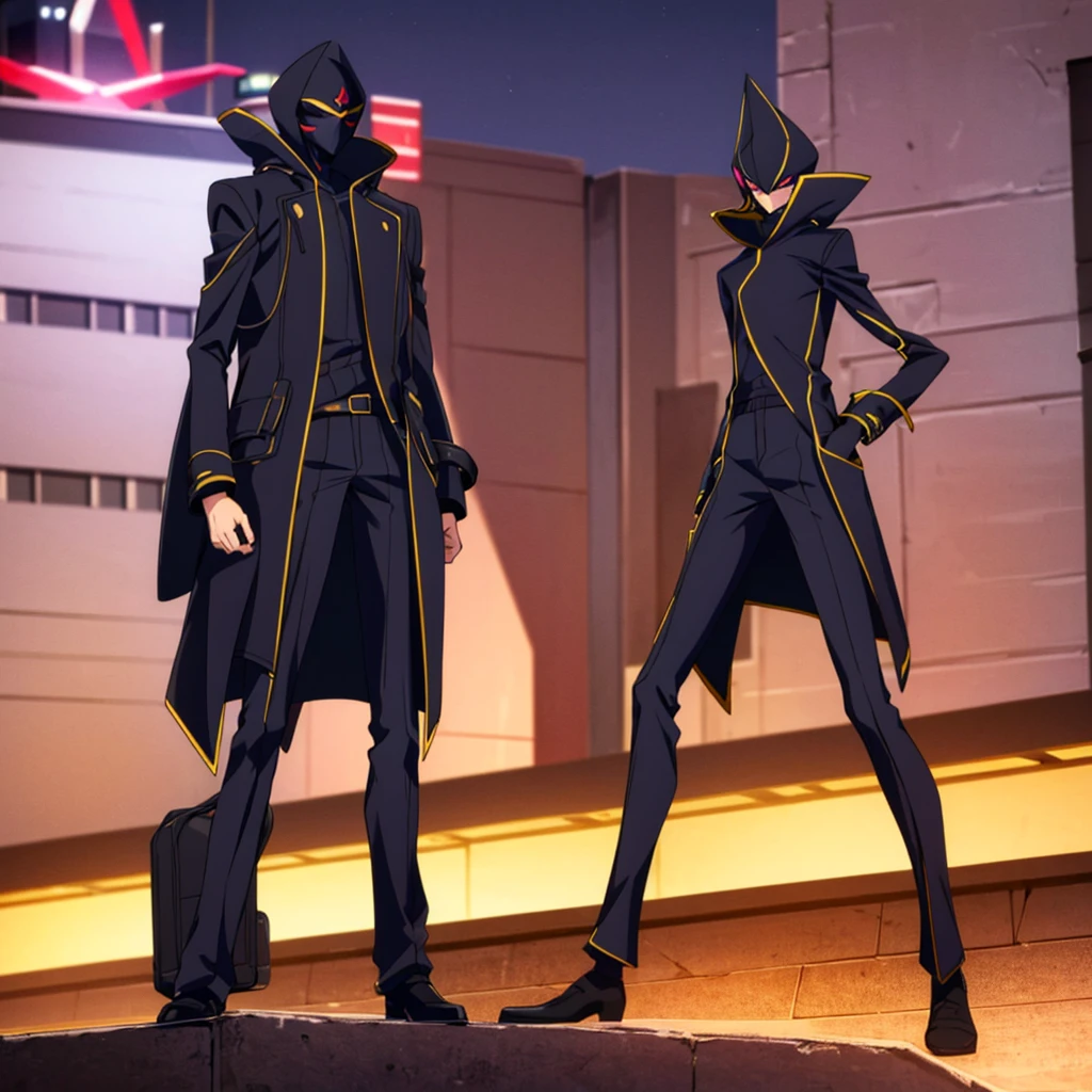 Male, teenager, vigilante, wearing dark clothes, a coat, and a full-face mask, head covered by mask, athletic build, hands in pockets, standing at attention, nighttime setting, lone figure, facing viewer, fully in frame, full body shot, Code Geass style, codeGeass, CODEGEASS