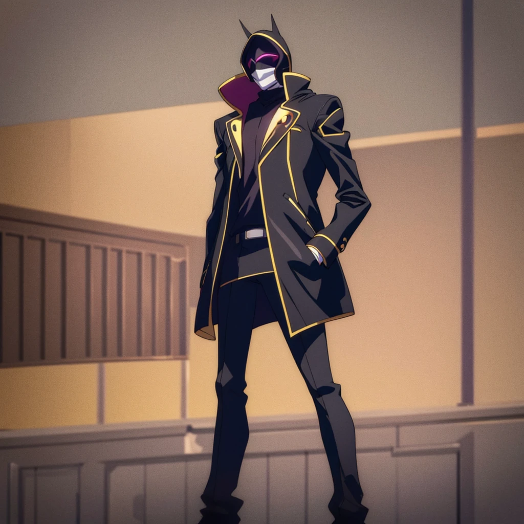 Male, teenager, vigilante, wearing dark clothes, a coat, and a full-face mask, head covered by mask, athletic build, hands in pockets, standing at attention, nighttime setting, lone figure, facing viewer, fully in frame, full body shot, Code Geass style, codeGeass, CODEGEASS