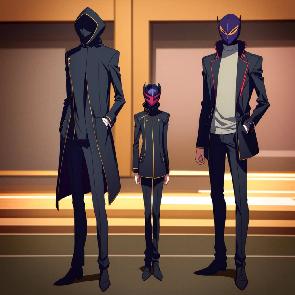 Male, teenager, vigilante, wearing dark clothes, a coat, and a full-face mask, head covered by mask, athletic build, hands in pockets, standing at attention, nighttime setting, lone figure, facing viewer, fully in frame, full body shot, Code Geass style, codeGeass, CODEGEASS