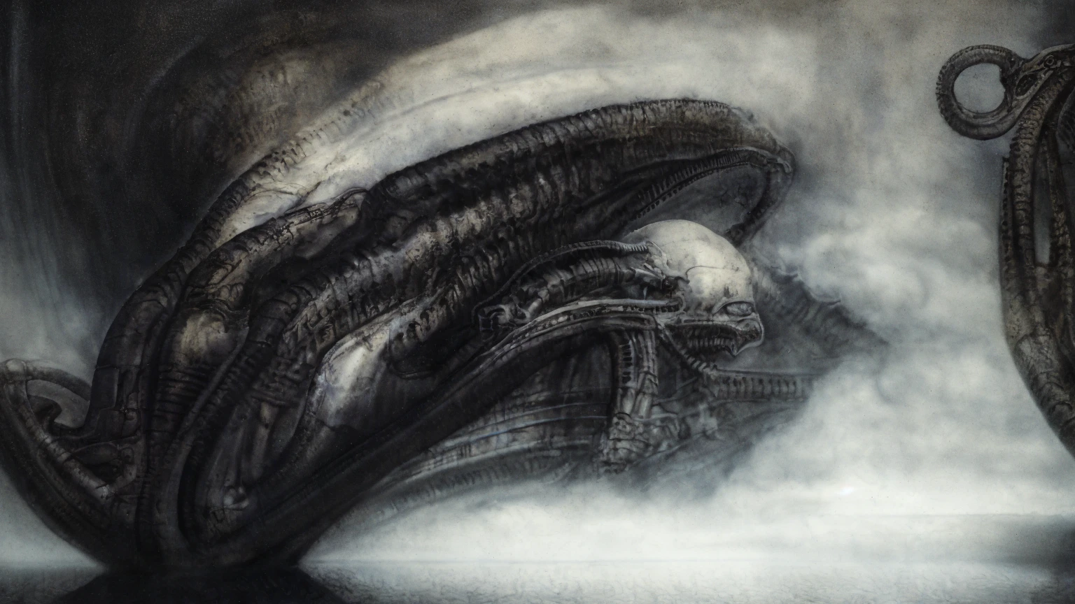 The image is a detailed view of H.R. Giger's biomechanical tableau \" Landscape XVI \" plate, featuring.
(airbrush painting, Giger's alien in front of broken alien ship in landscape, natural light, sharp focus, illustration, highly detailed, digital painting, concept art, matte, art by gric and kozhanov and moebius and Alphonse Mucha, masterpiece, HDR ,UHD , uplight, in HRGigerArhP style);1.
surrealistic painting of a monster with multiple tentacles and a body that looks like a brain, surrounded by a chaotic scene of swirling clouds and other monsters
It's a complex network of bones and organs in eldritch color scheme:a greenish-brown hue ,swirling gery and brown colors. The artwork is silverish and green brown, with an ivory bones prominently displayed. The image is highly detailed and intricate, almost like a 3d version of a medical sketchwork.
The piece is a tableau, most likely created with a India ink pen or pencil on paper, determined by the thin lines, shading techniques, and the texture of the paper, which is visible around the edges.
Used is pen, given the shading and variations in line weight visible in the image. Artist have used a variety of stylus with different degrees of hardness to achieve the shading effects.
The use of undersaturated green-grays dark contrasts creates a stark and graphic look. Is used a variety of linework techniques to create different textures. Fine, parallel lines create a smooth, metallic texture,while thicker, more cursive lines suggest cables or wires.
Light source from the top highlights skeletals, pper part of foreground, lower part of image is in shadowupper part of foreground, lower part of image is in shadow.
The art performance showcases the artist’s skills in observation and rendering. The level of detail in the piece suggests a close study of real bone specimens and mechanics. The artist has skillfully used shading techniques to create a convincing illusion of three-dimensionality on a flat surface. The wrinkles