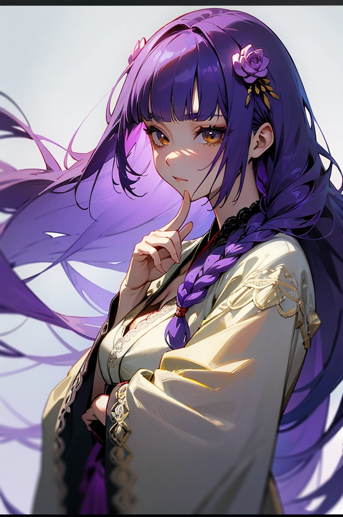1 girl, Blunt bangs, Braiding, Wide sleeves, hair ornaments, kimono, Yellow and navy lace、(Purple Hair:1.2), Very long hair, Straight hair, Looking at the audience, Highly detailed background, (Realistic:1.2), Beautiful Eyes, Red eyeshadow, Written boundary depth，thigh, (Ulzzang-6500:0.7), Upper Body, (alone:1.2), Cleavage, Shiny skin、Hair blowing in the wind、Four fingers, One thumb、Rose、Shoulder Bare、
