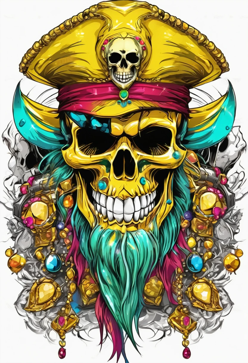 T-shirt art vector ready to print colorful graffiti illustration of masked yellow pirate skull and hat web decorated with jewels of precious rubies and emeralds and skeleton beard decorated with yellow diamonds, beautiful stone jewelry teeth, frontal perspective, action photo, vibrant color and welding, high détail, White background, monochrome, ultra detailed line