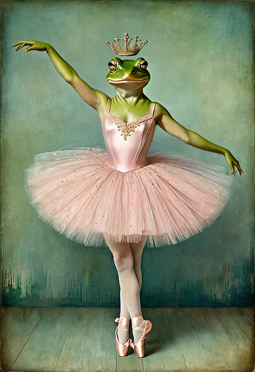 Old vintage card Acting painting, A frog dressed as a ballerina by Catrin Welz-Stein