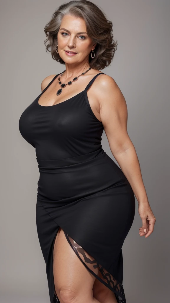 1 mature woman in, age60, Solo, medium casual hair, Bob hair, curvy body, Looking at Viewer, grey hair, Bare shoulders, Brown eyes, jewely, Full body, a necklace, off shoulders, (wearing elegant patterned black tie tube dresses), Distant photo, Realistic, A sexy one, beautiful colour, Perfect skin, 3 bust size, instagram (Realistic, A high resolution),photo size 3:4, 1 cute sexy mature woman, large expressive blue eyes, happy, (8K, raw photo, Best quality, High detail, curvaceous forms, curvy body, seductive pose, in the studio Foto with three ports lighting, with black wall background her back is turned to the photographer. 